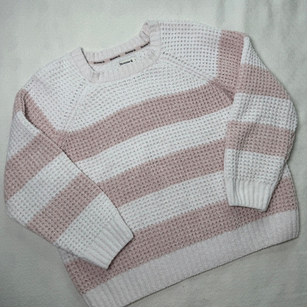 Bearpaw Womens Pink White Striped Chenille Waffle Knit Sweater WH9290-650-9PA L